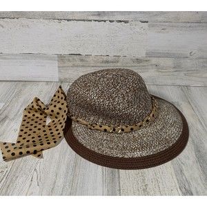 Women's Straw Sun Hat Women's OS Marbled Brown Tan Black Polka Dot Accent Scarf